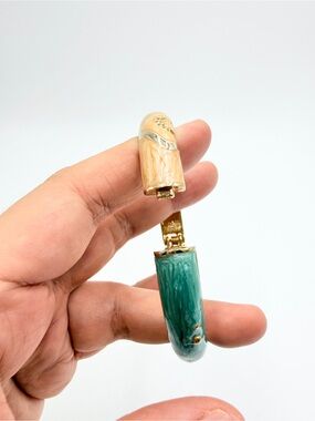 Vintage Enamel Bangle Bracelet Teal Cream Hinged Gold Tone Rhinestone